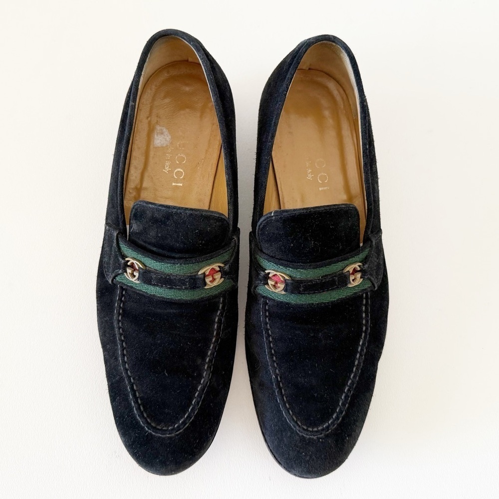 Gucci Shoes GG Loafers Flats Vintage Suede Classic Preppy Chic Luxury Black 7B